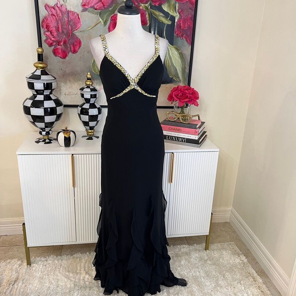 Faviana Women's Jeweled Straps Open Back Ruffle Formal Prom Dress Black Sz 6
